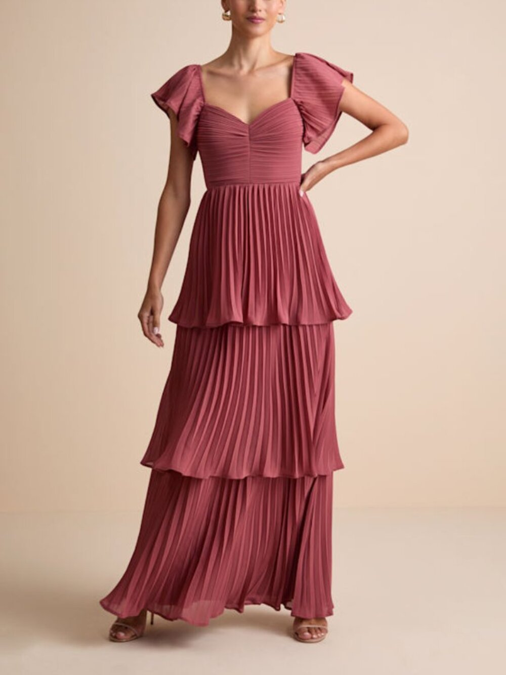 Lulus Notorious Charm Rusty Rose Pleated Flutter Sleeve Maxi Dress Pink - Size L